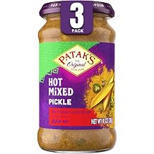 Pataks Hot Mixed Pickle - Authentic Indian Relish w/Mangoes, Carrots, Limes, Chili Peppers & Aromatic Spices -Perfect for Sandwiches, Salads & Cold Meats - Vegan Spicy Pickle - 10oz Jar Pack of 3