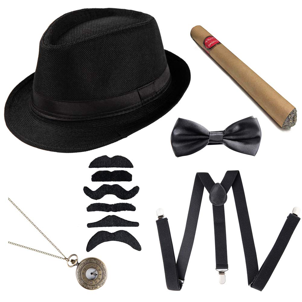 Mens Roaring 1920s Great Gatsby Accessories Set Newsboy Cap/Manhattan Hat Suspender Bow Tie