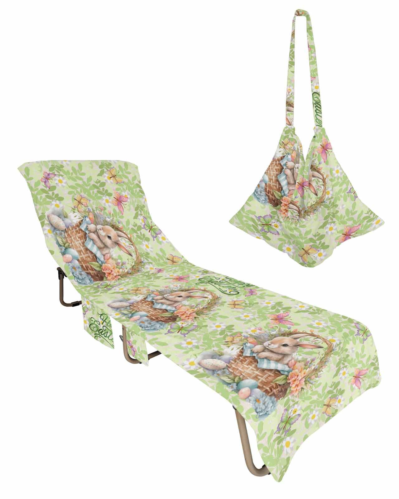 Green Easter Beach Lounge Chair Towel Cover, Soft Chaise Lounge Towel with Side Pockets Patio Pool Chairs Cover for Beach/Pool Sunbathing 29x85 Spring Floral Botanical Bunny Eggs Basket