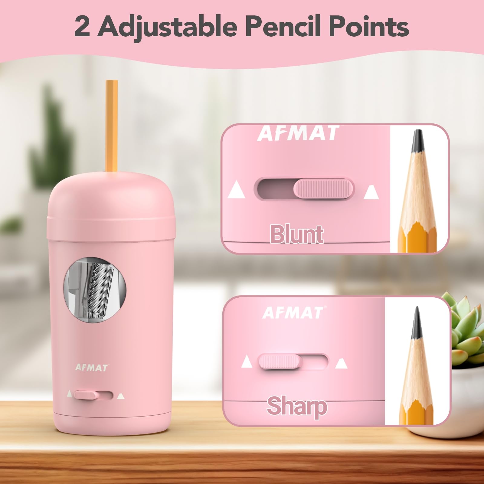 AFMAT - Sacapuntas eléctrico totalmente automático para lápices de 7-8 mm y lápices de colores, entrada y salida automática, sacapuntas verticales recargables para aula/hogar y oficina, modelo: PSX7