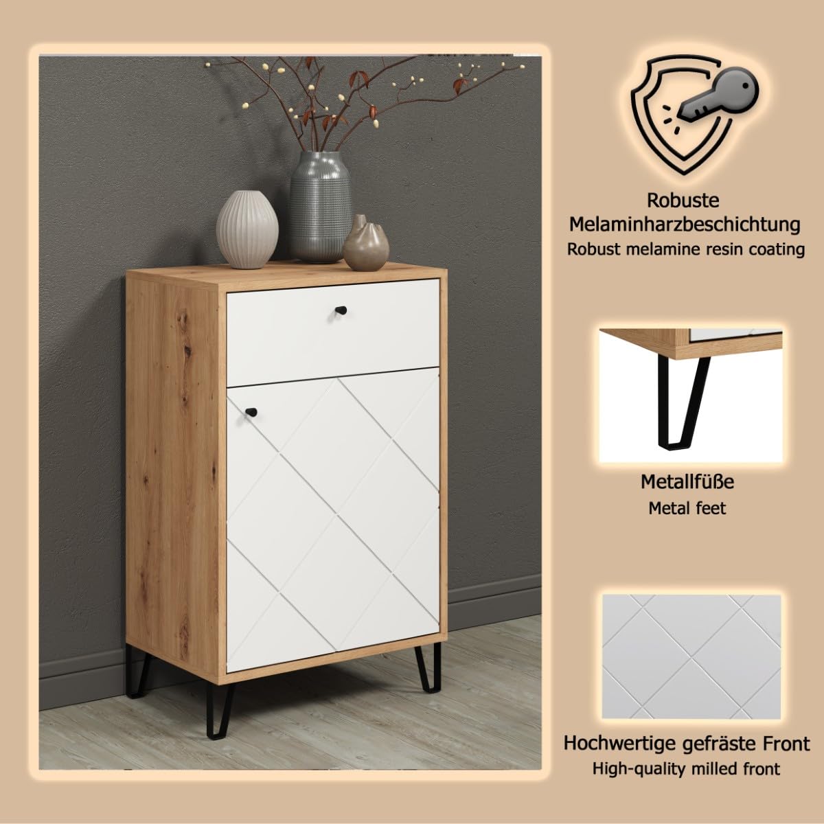trendteam smart living - Touch - Kommode - Eiche/Weiß - Garderobenkommode mit moderner Rautenfräsung - Soft-Close - (BxHxT) 63 x 96 x 40 cm - Flurschrank mit Vollauszug-Schubladen