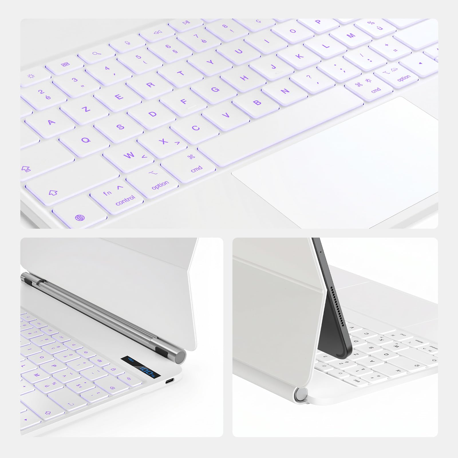 CSZZACME Clavier AZERTY Épuré pour iPad Air 13 Pouces M4/M3/M2 & iPad Pro 12,9" (6e/5e/4e/3e Gen) avec Trackpad Multitâche, Rétro-éclairage, Touches Raccourci, Fixation Magnétique, Blanc