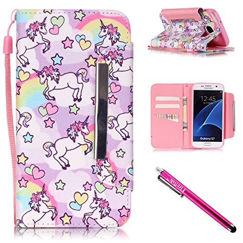 Galaxy S7 Case, Firefish Stand Flip Folio Wallet Cover Shock Resistance Protective Shell with Cards Slots Magnetic Closure for Samsung Galaxy S7-Horses