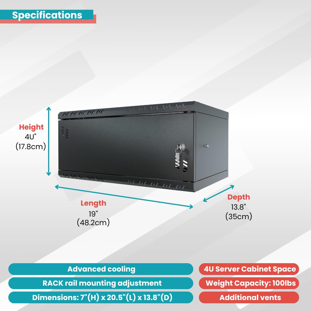 Armadio di Rete 19 Pollici - Armadio Rack 4U - Server Rack per Montaggio a Parete - Capacità di Carico 40 kg - Profondità 350 mm - Rack 19 Pollici - Nero