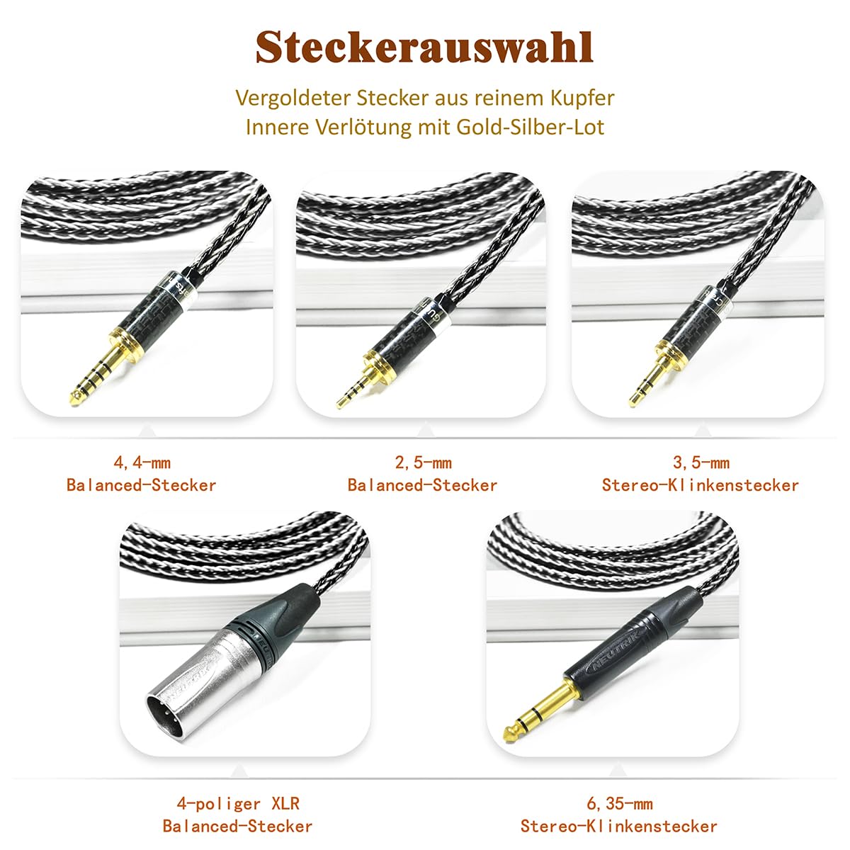 GUCraftsman Kompatibel mit Dan Clark Audio AEON 2, STEALTH, EXPANSE, E3, NOIRE XO, ETHER 2 – 16-adriges Kopfhörer-Upgrade-Kabel in 7N Einkristall-Silber/Kupfer-Mischverflechtung (4,4 mm Stecker)