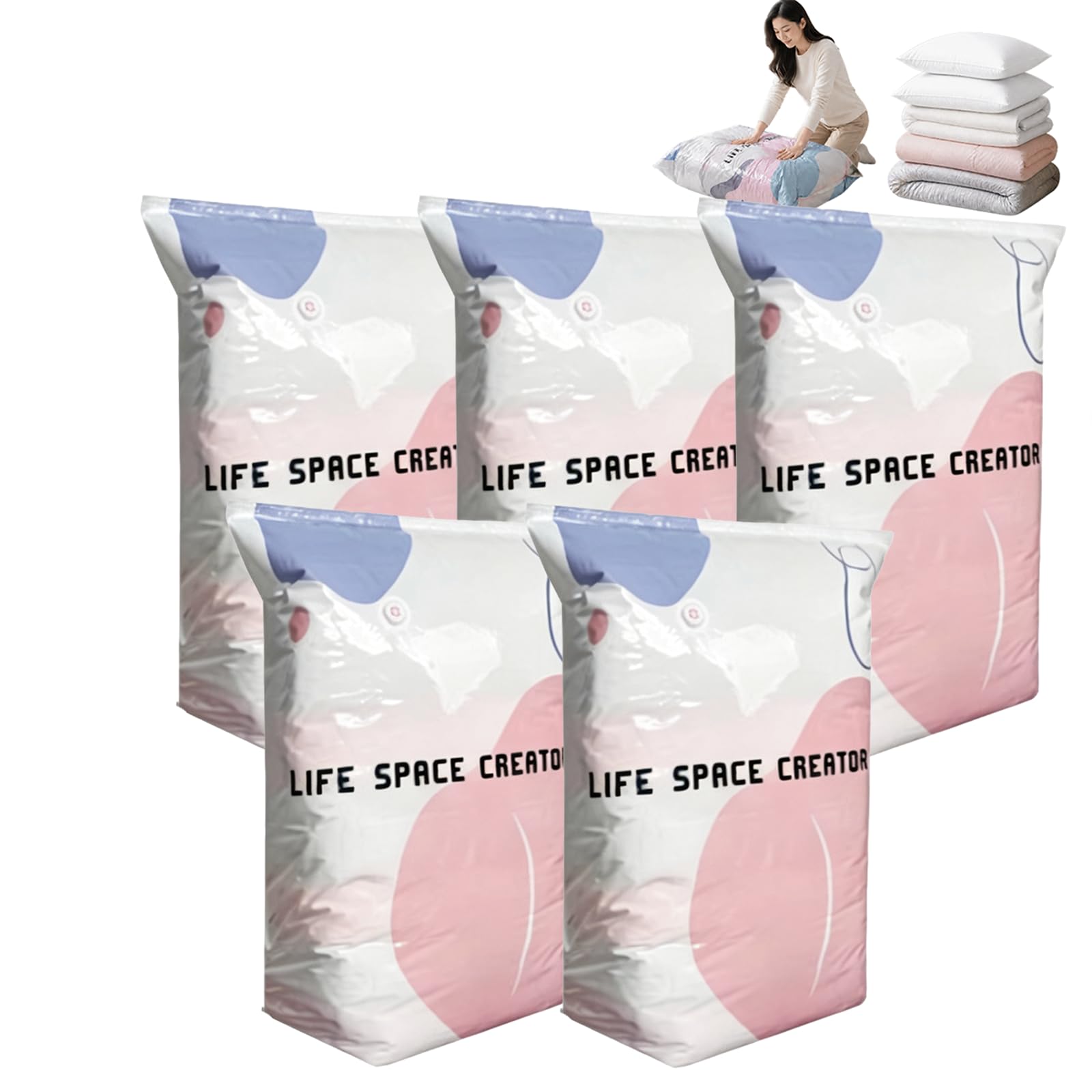 Wmgdlp 5Pcs Pump Free Vacuum Storage Bags No Pump Needed, Press&Seal Compression Bags, Cube Stereoscopic No-Pump Vacuum Compression Space Saver Bags,Thickened Reusable Heavy Duty Organizer For Clothes (5Pcs)