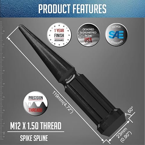 Vista 3 de Wheel Accessories Parts 20 piezas M12x1.5 12x1.5 rosca Spike Spline 4.40" largo tuercas negras 7/8" y 13/16" hexagonales para Chevy Blazer S10 GMC