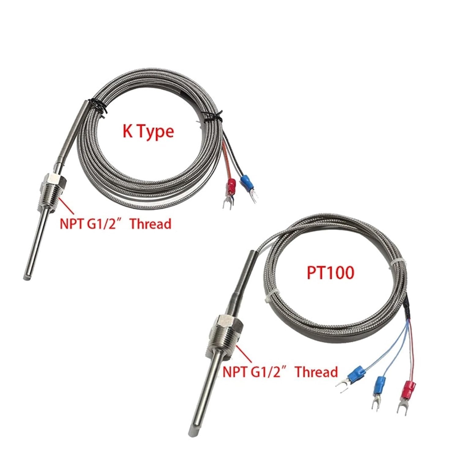K Type PT100 Thermocouple Sensor NPT G1/2 Inch Thread Stainless Steel Adjustable Probe 6x50/100/150/200MM Wire 1/2/3/4/5M 1Pcs(K Type,Cable Length 2M_Probe 6X50MM)