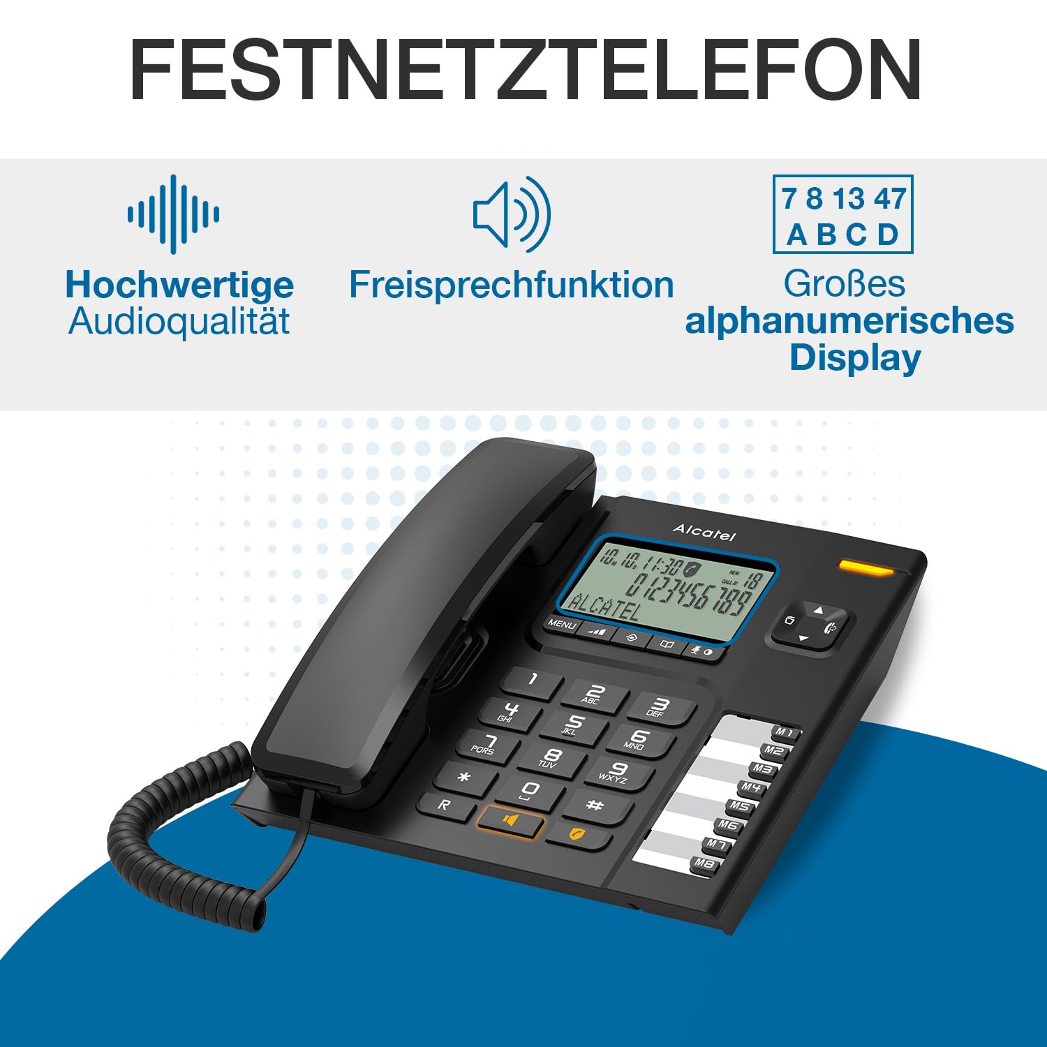 ALCATEL T78 - Schnurgebundenes Festnetztelefon - Großes alphanumerisches Display - Freisprechfuntion - Anrufsperre - Visuelle Anrufanzeige - Wahlwiederholungstaste - 8 Direktwahltasten -Schwarz