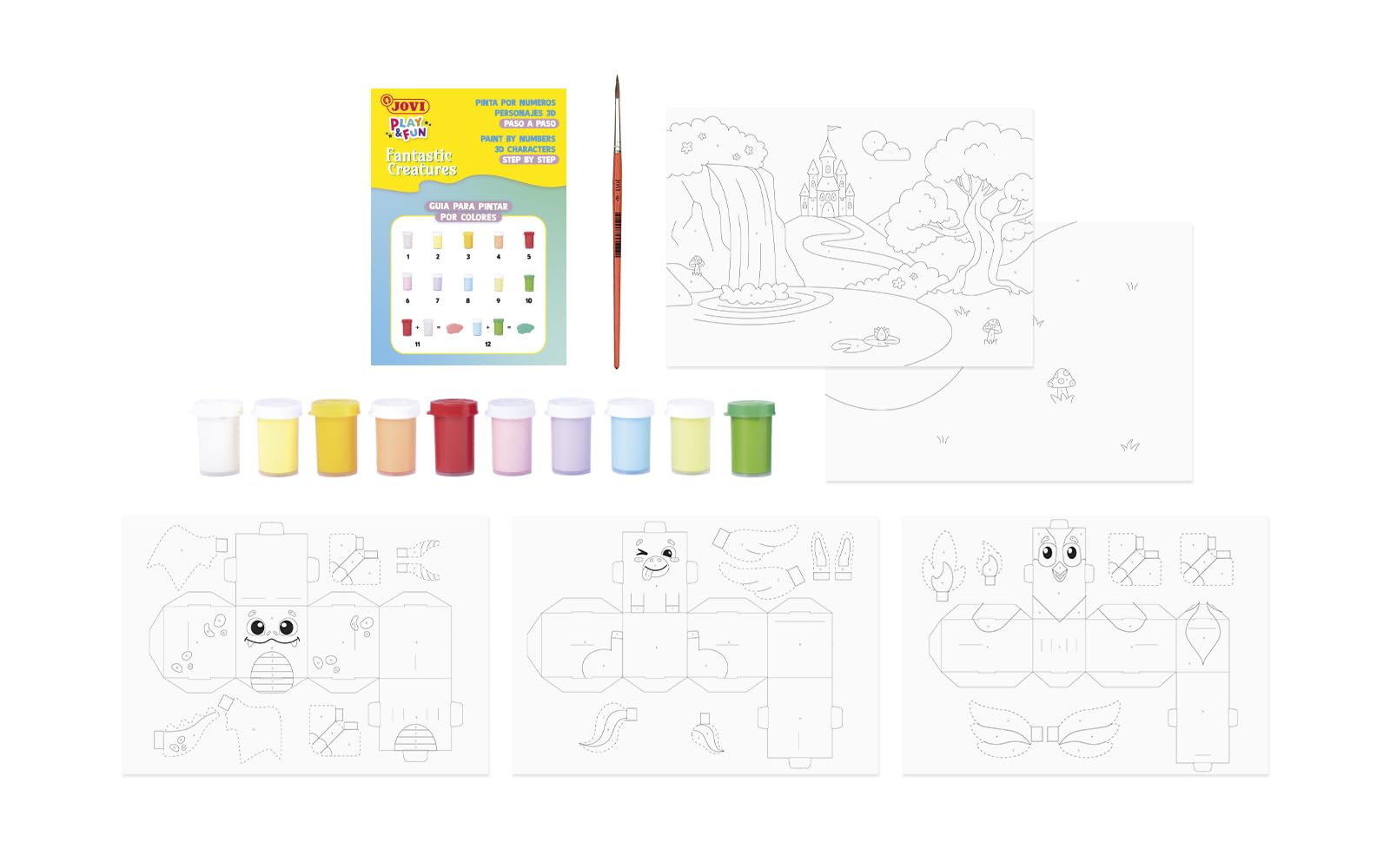 Jovi - Play&Fun Gouache Témpera PETS - Set para pintar por números personajes 3D de mascotas, 10 botes témpera de 15 ml, 3 personajes para pintar y montar y 2 fondos Jovi - Play&Fun Gouache Témpera PETS - Set para pintar por números personajes 3D de mascotas, 10 botes témpera de 15 ml, 3 personajes para pintar y montar y 2 fondos
