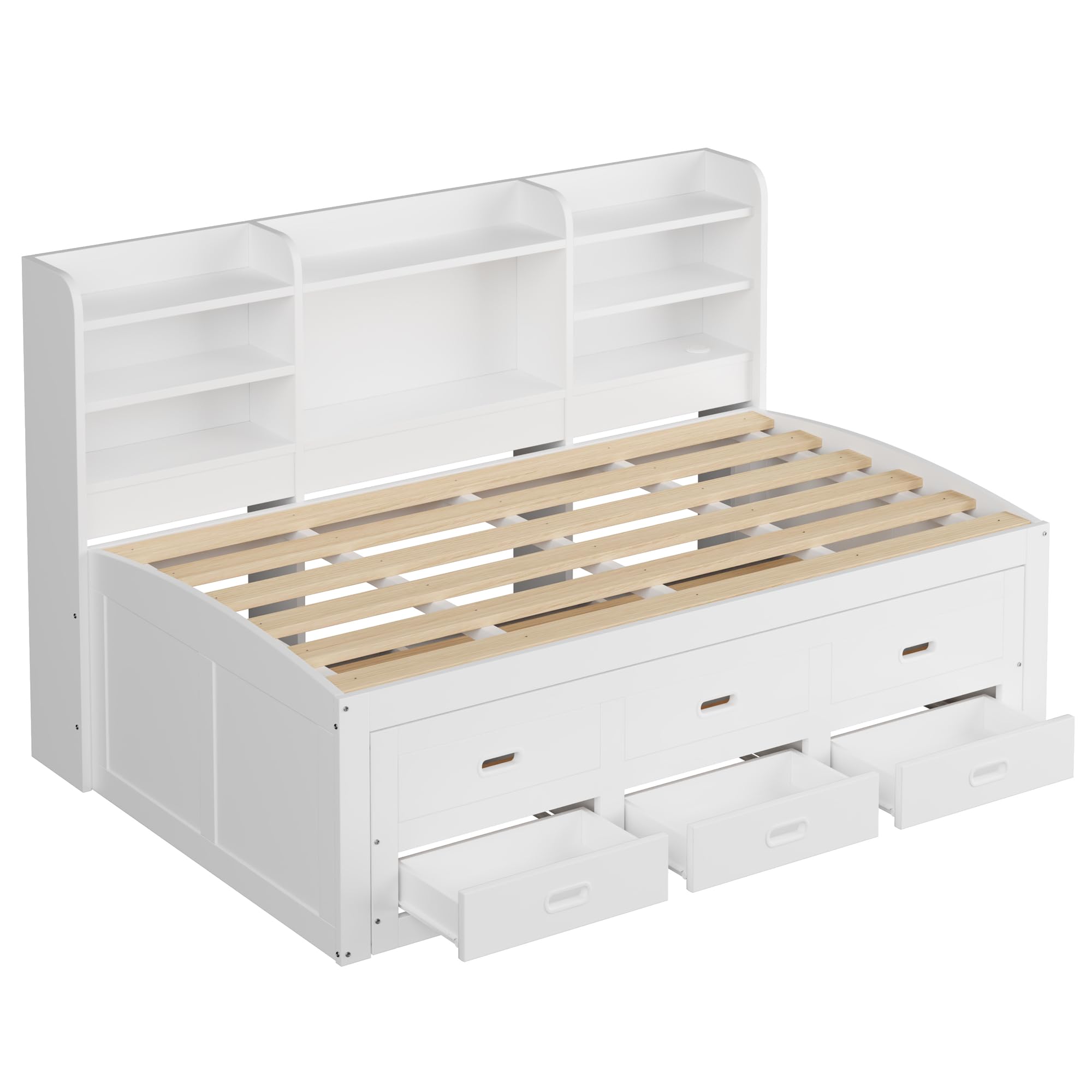 Moimhear Divano letto, telecomando a LED, 3 cassetti, ripiano comodino, letto estraibile multifunzione con USB+Type-c, senza materasso, bianco (90 x 200 cm)