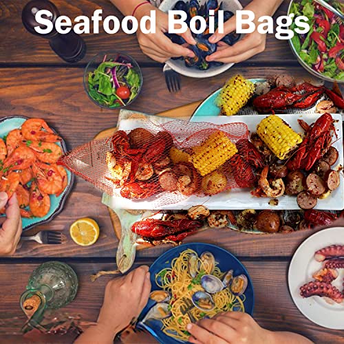 reusable produce mesh bags 24 inch seafood boil bags for crab clam shellfish crawfish cooking onion potato storage eco-friendly fruit vegetable produce packaging supplies net 100pcs-red