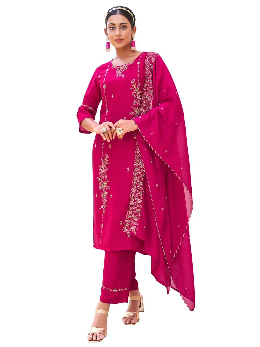 VredeVogel Women's Silk Blend Embroidery Kurta Pant Set with Inner & Dupatta