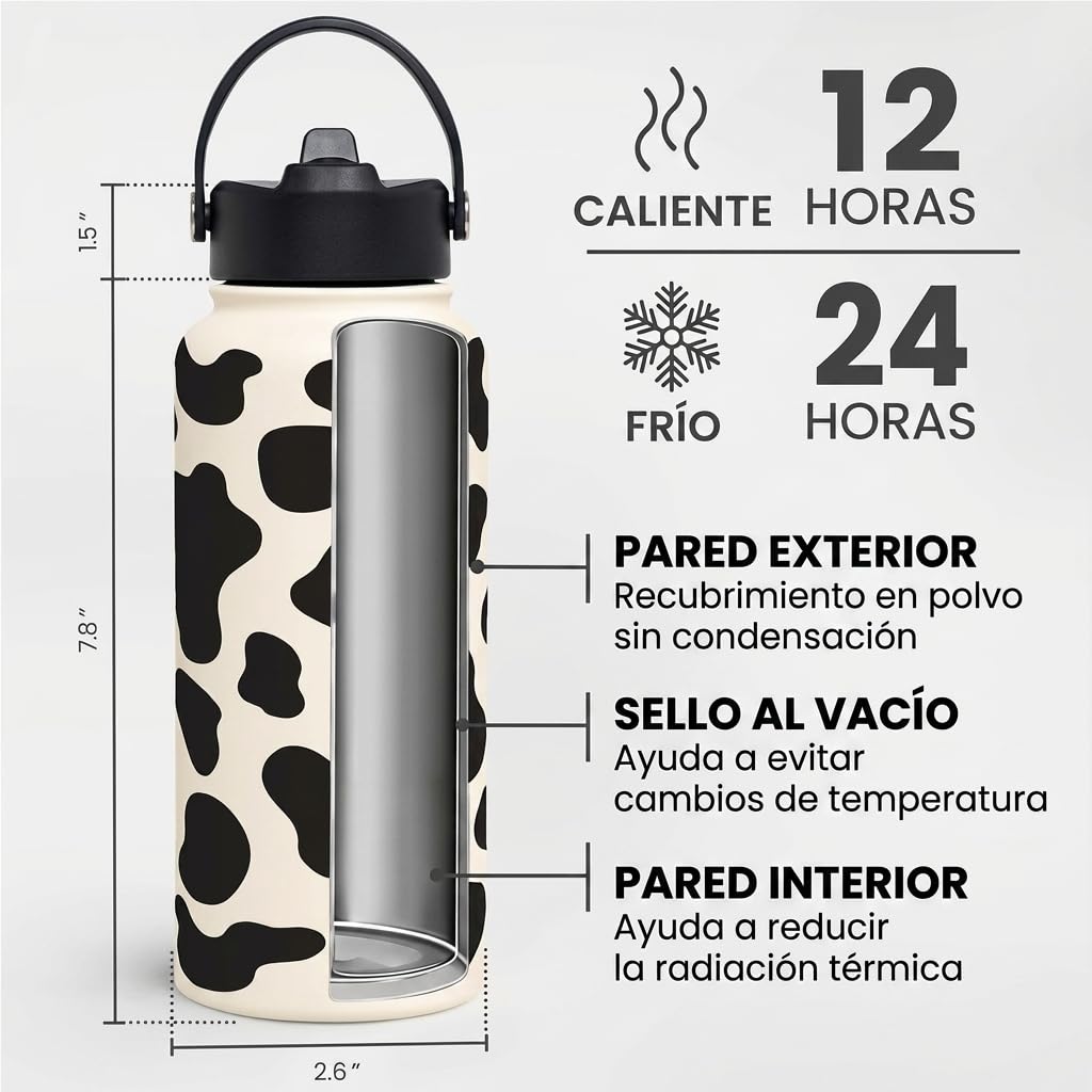 Botella de agua con estampado de vaca, de acero inoxidable, aislada al vacío con tapa, botellas de agua de vaca para gimnasio, deportes, viajes al aire libre, regalos de vaca para mujeres y niñas