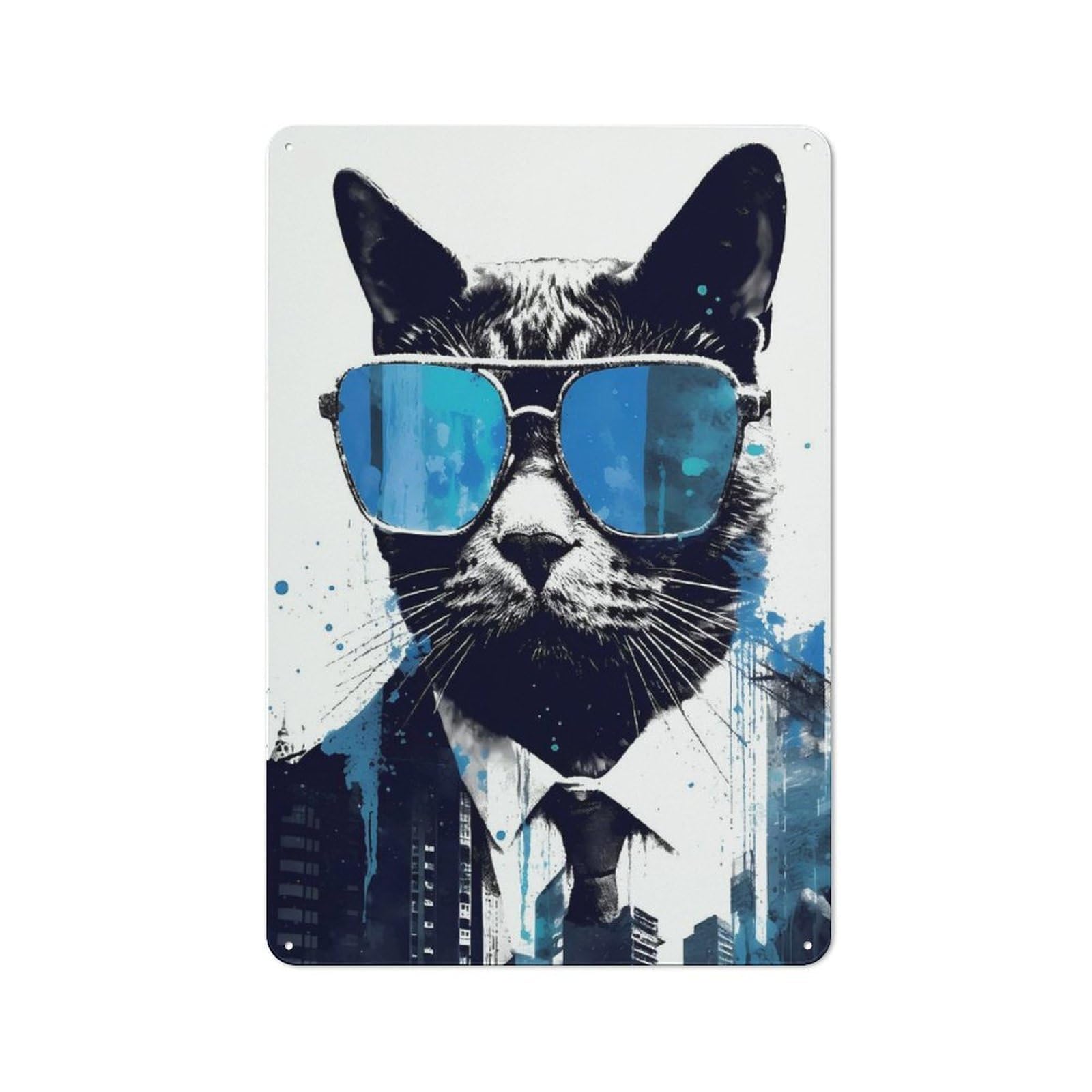Junmoney Style-21 Cat In A Stylish Cityscape Vintage Metal Plaque 30X20cm For Hobby Room Or Studio, Suited To Hobby Room Decor Fans