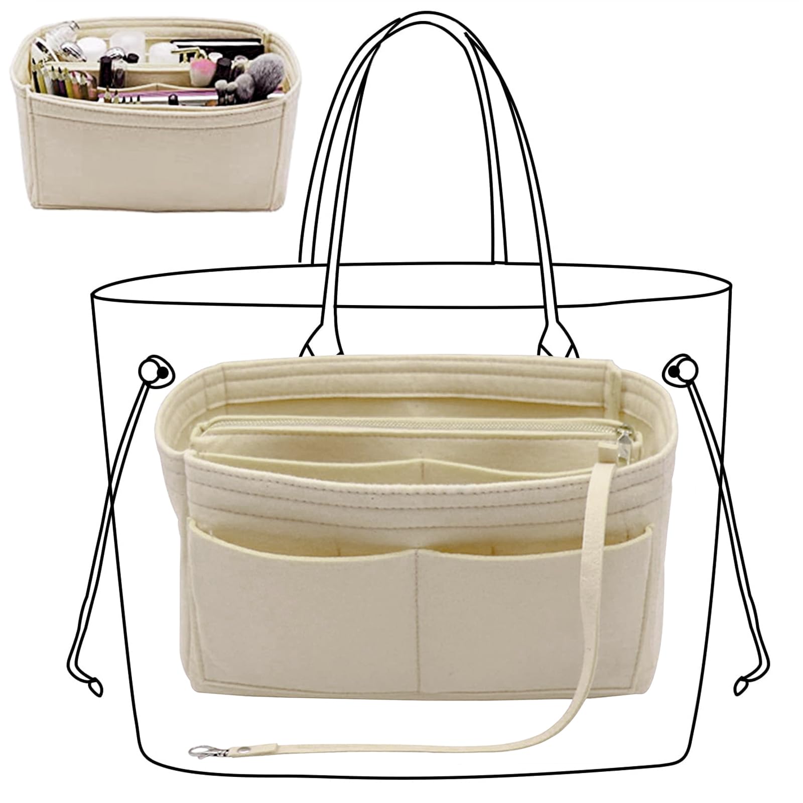 NecomiPurse Organizer Insert，Necomi Organizer Portable Cosmetic Bag, Fit for Handbag,Tote Various Hanbag, Tote Bag Shoulder Bag,fun gift, Portable Convenient In Bag, Multiple Compartments(S.Beige)