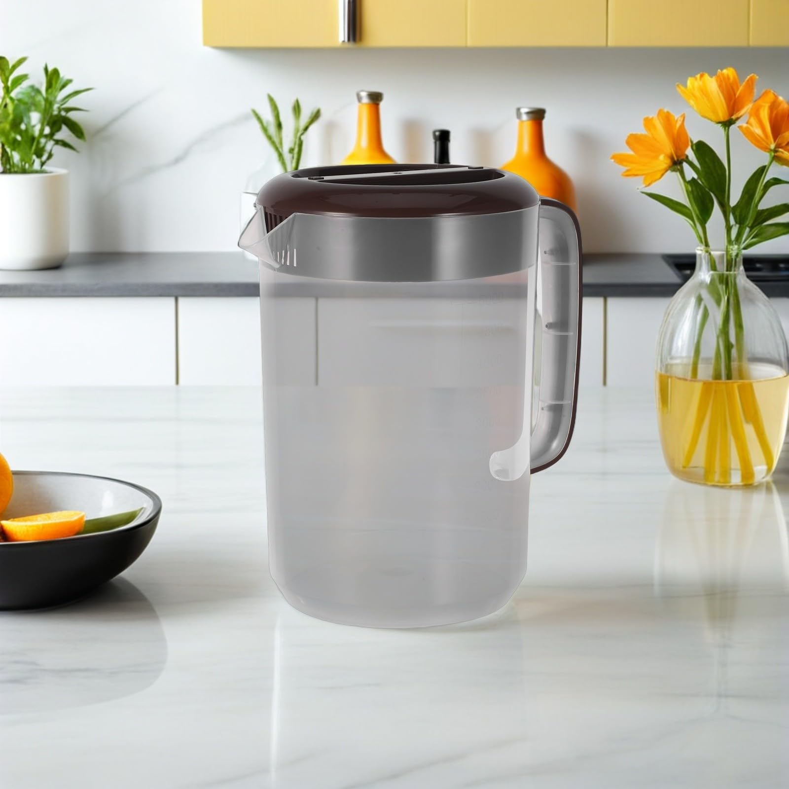 TOYANDONA Großer Wasserkrug Pp Kunststoff 5 Liter mit Deckel für Kühlschrank Hitzebeständig Transparenter Saftkrug mit Skala und Verstärkter Wand für Zuhause und Party