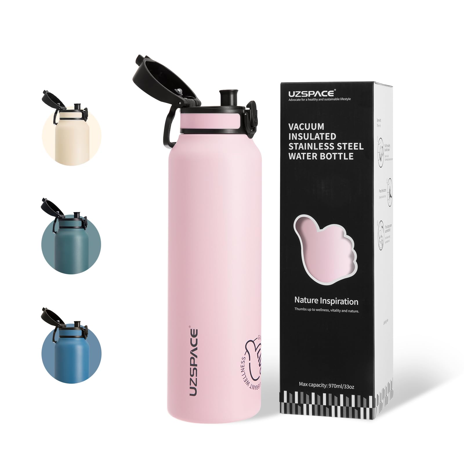 UZSPACE Stainless Steel Water Bottle 1l (970ml) - Double-Walled Insulated Water Bottles That Keep Drinks Cold & Hot - Leakproof Drinking Bottles for Adults - Ideal for Outdoors & Sports Blossom Pink