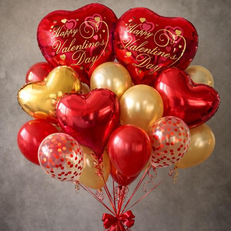 Image of AMFIN (Pack of 14) Happy Valentine's Day Balloon Decoration Set | Romantic Heart Foil Bouquet Metallic Helium Bunch Proposal Anniversary Celebration Party Decor - Red Mehroon