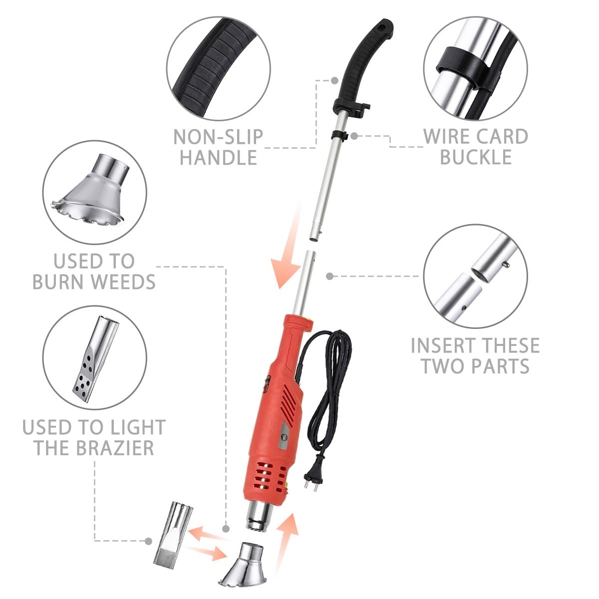Bruciatore elettrico for erba, bruciatore termico elettrico for erbacce da 2000 W, diserbante a fiamma da 500 l/min e soffiatore d'aria for barbecue con 2 ugelli, diserbante da 60-650 °C for giardino