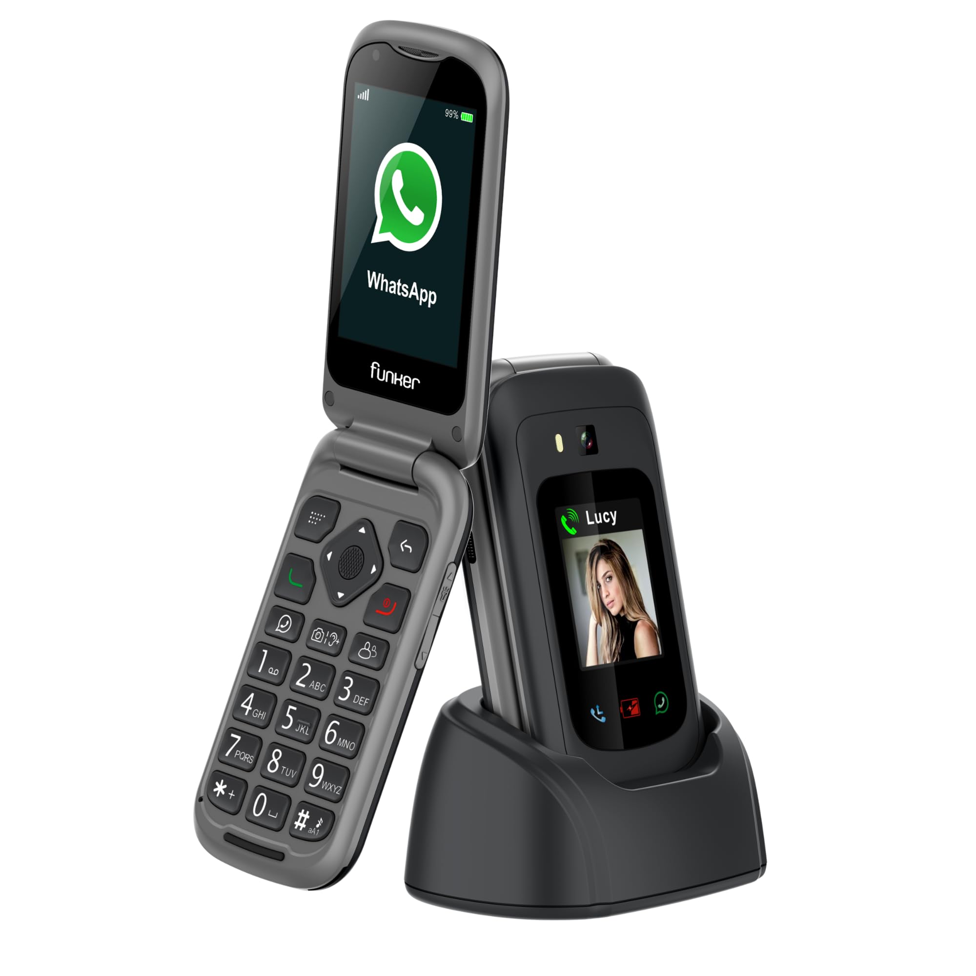 Funker E480 - Telefono 4G per anziani con WhatsApp e videochiamate, pulsante SOS e GPS, tasti grandi, schermo touch da 2,8", volume alto, cellulare con coperchio facile da usare, colore nero