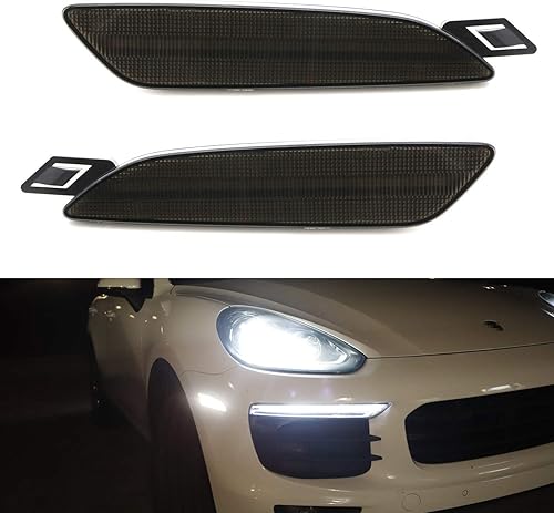 Miniatura 9 de iJDMTOY Kit de luz de marcador lateral de parachoques LED blanco con lente ahumada europea, compatible con Porsche Cayenna 2015-2018, alimentado por