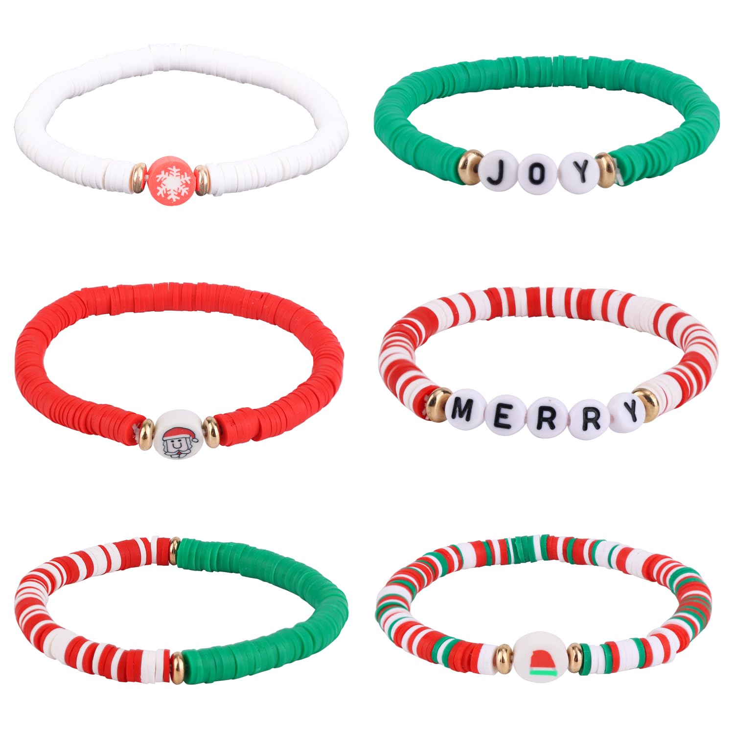 Mikovivi 6pcs Christmas Bracelet, Stackable Xmas Bracelets Cute Clay Beaded Stretch Festive Bracelets Christmas Jewelry Christmas for Women Costume Party Favors