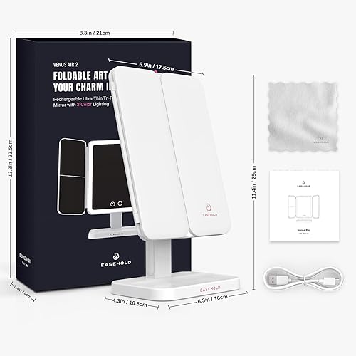 Miniatura 9 de EASEHOLD Espejo de tocador con luces, aumento 2X 3X, tríptico, recargable, control táctil, regalos para niñas y mujeres