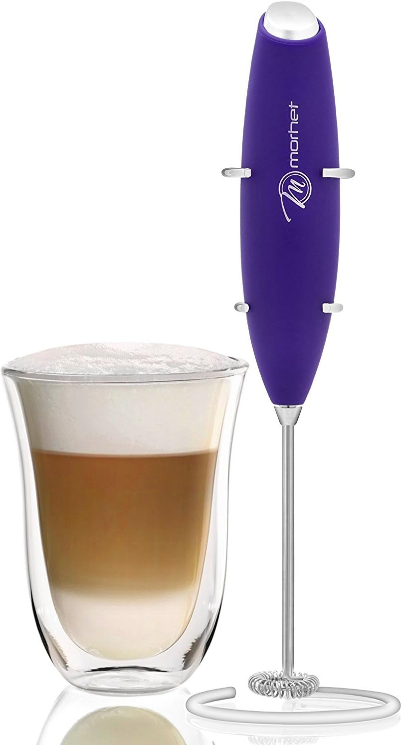 Premium Handheld Electric Milk Frother With Stand | Hand Mixer to Make Foam Frothed Milk for Coffee, Cappuccino, Lattes, Mochas & Hot Chocolate | Stick Blender with Steel Whisk | Purple