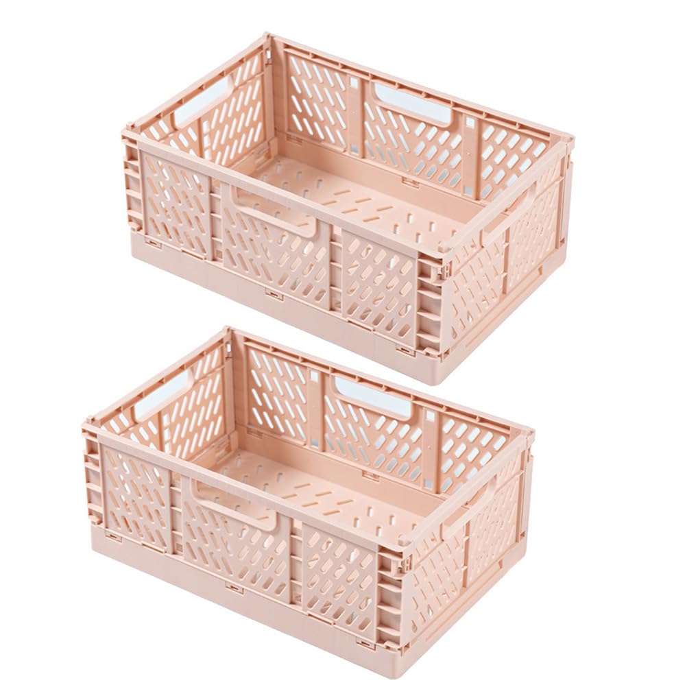 Confezione da 2 cestini pieghevoli in plastica rosa – Cassette impilabili pieghevoli per casa, cucina, camera da letto, bagno, ufficio e ripostiglio con manici, misura grande