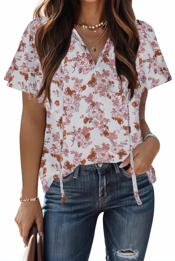 HOTOUCH Women's Casual Short Sleeve Shirts Summer Printed V Neck Blouses Drawstring Ruffled Boho T Shirt Flowy Tunic