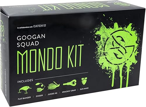 Catch Co Googan Squad Bass Fishing Mondo Kit Googan Squad Flat Banger, Zinger, Juicee Jig, Necko Sun Mask y Googan Baits Krackin' Craw