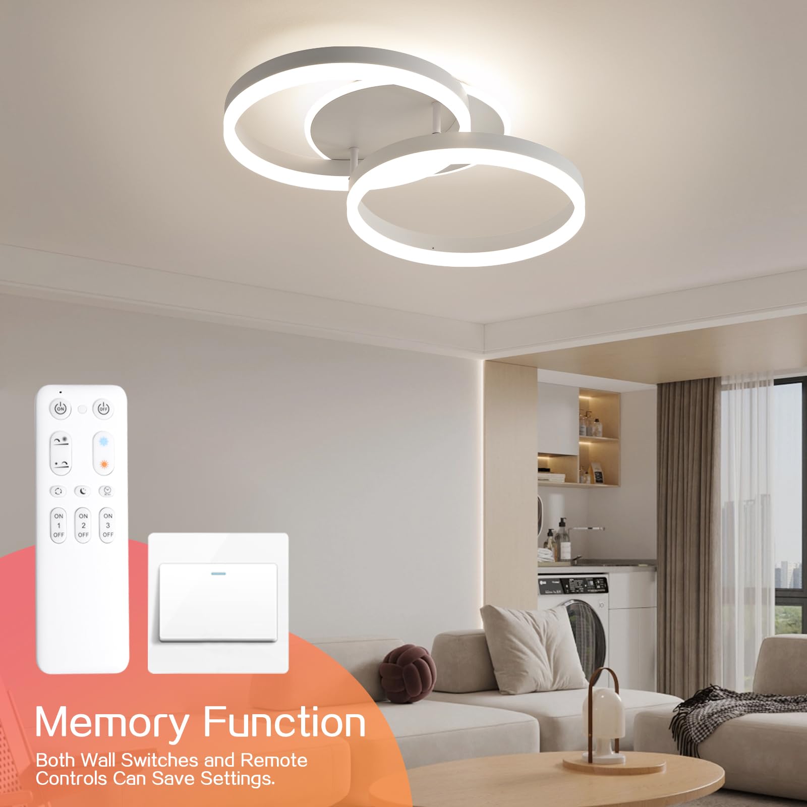 LED Deckenlampe Wohnzimmer 50cm 2-Ringe Design, 36W Deckenleuchte Moderne mit Fernbedienung Dimmbar, aus Metall+Acryl,Mit Nachtlicht Memory-Funktion, für Schlafzimmer, Esszimmer, Büro,Weiß