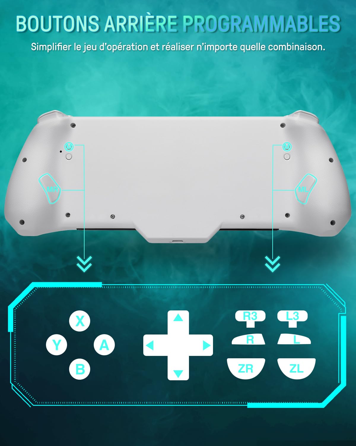 PALPOW Manette lumineuse Switch – Compatible Switch/OLED, design ergonomique, Joypad intégré, Turbo, Mapping, LED 7 couleurs – Blanc