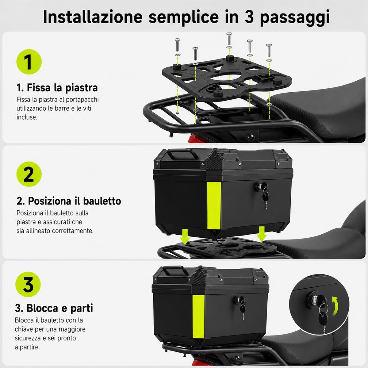 Bauletto posteriore scooter 45 L per casco integrale e accessori baule moto crema con piastra di montaggio fodera interna schienale e kit viti per tragitti urbani e viaggi brevi