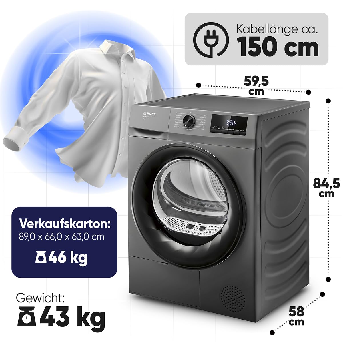 Bomann® Wärmepumpentrockner 8kg | kein Wasseranschluss nötig | Trockner m. Antiknitterfunktion | Wäschetrockner 15 Programme | Kondenstrockner | umweltfreundliches Kühlmittel R290 | WPT 7154 titan