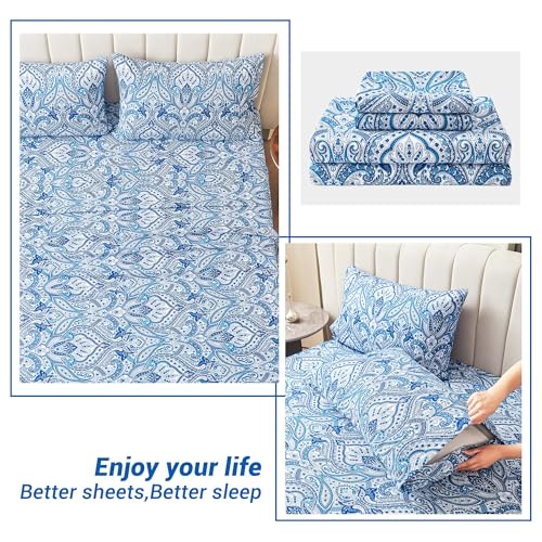 Image of Softan Blue Paisley Printed Queen Size Sheet Set, Blue Floral Sheets Queen, Cozy Microfiber Fitted Sheet with 15 inch Deep Pocket & Non-Slip Straps, Flower Patterned Sheets & Pillowcase Sets