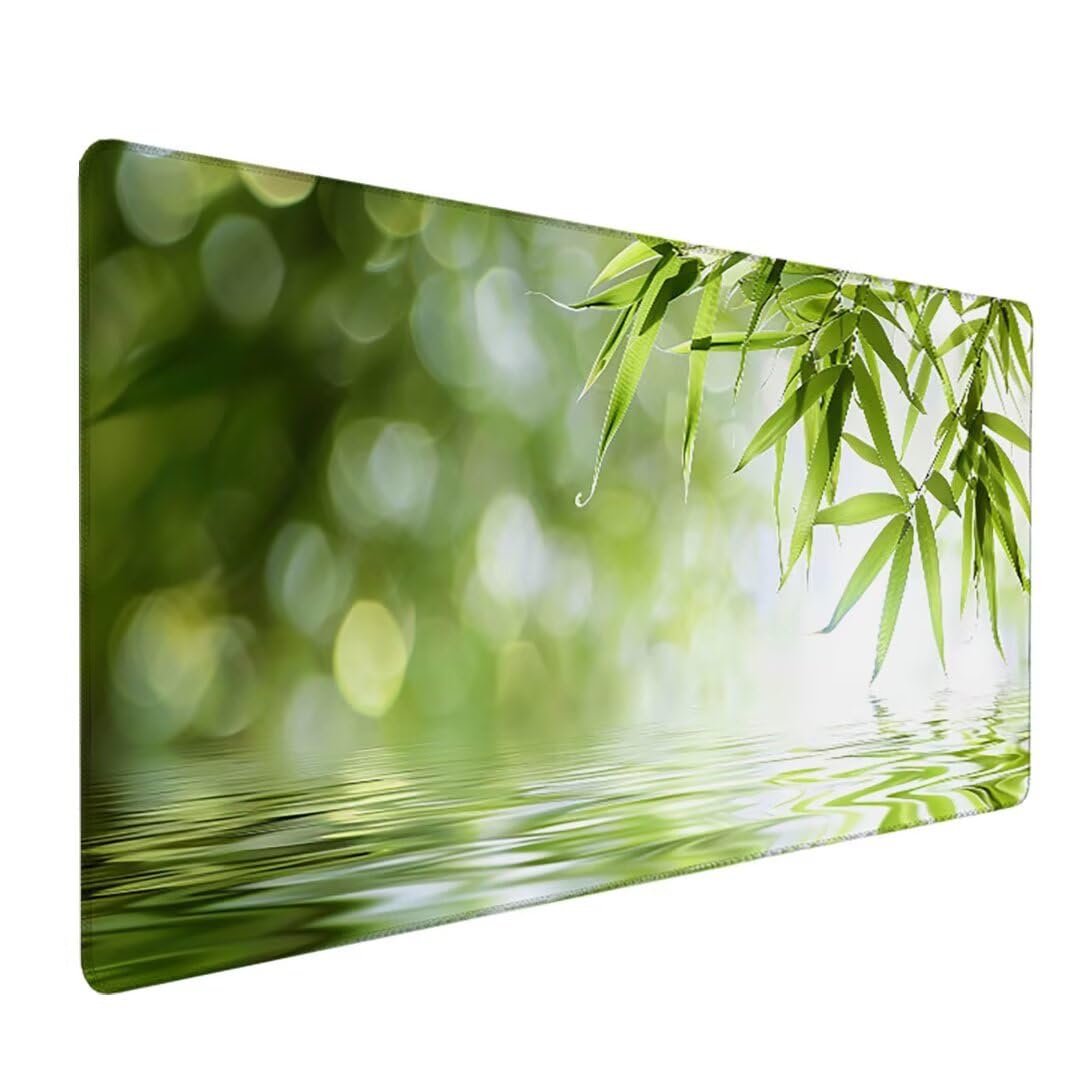 Mauspad XXL 1000x500x3mm, Groß Gaming Mauspad Design Vernähte Kanten, Wetterfest Anti Rutsch Mousepad PC Laptop verbessert Präzision und Geschwindigkeit für Home Office Grün Bambus W - T