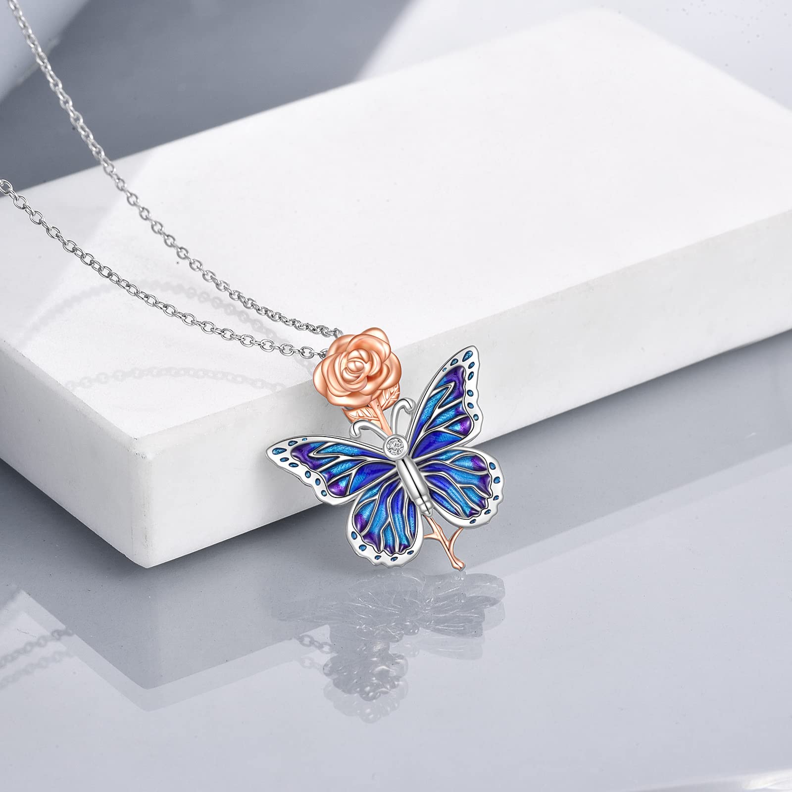 YAFEINI Schmetterling Kette Rose Blume Anhänger Halskette 925 Sterling Silber Schmetterling Schmuck Geschenk für Damen Mama Mädchen