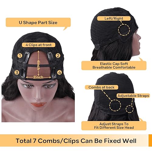 Miniatura 3 de Tahikie Peluca de cabello humano ondulado en forma de U, 2 x 4 pulgadas, sin pegamento, pelucas de cabello humano virgen brasileño para mujeres