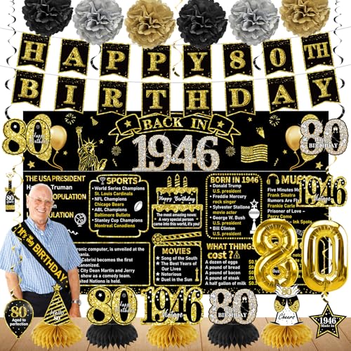 Zirtorei 80th Birthday Decorations for Men Women 21pcs the Year 1946 Banner Balloon Party Supplies Black Gold 80 Year Old Birthday Backdrop 80 Bday Honeycomb Centerpiece Hanging Swirls Sash Gifts
