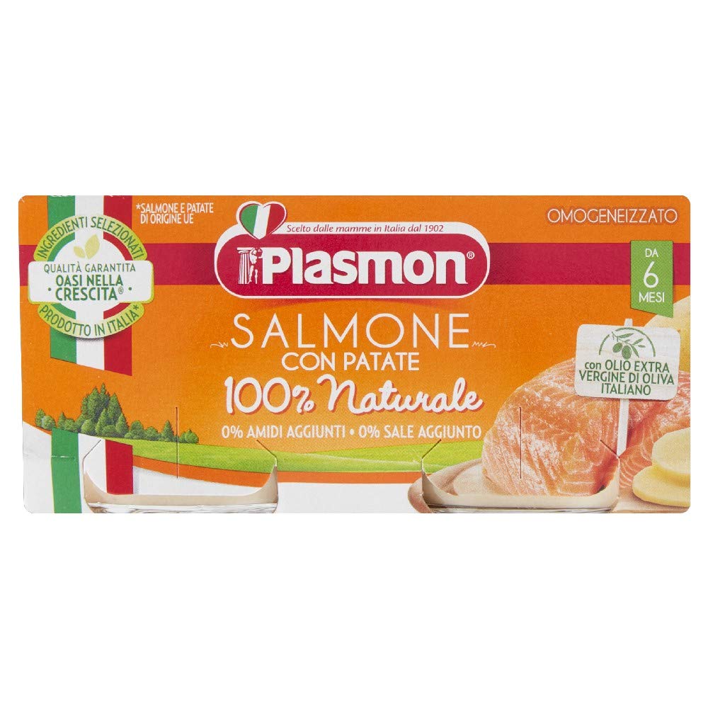 Plasmon Omogeneizzato Pesce Salmone con Patate 80g 24 Vasetti Con Ingredienti selezionati, 100% naturale, senza amidi e sale aggiunti