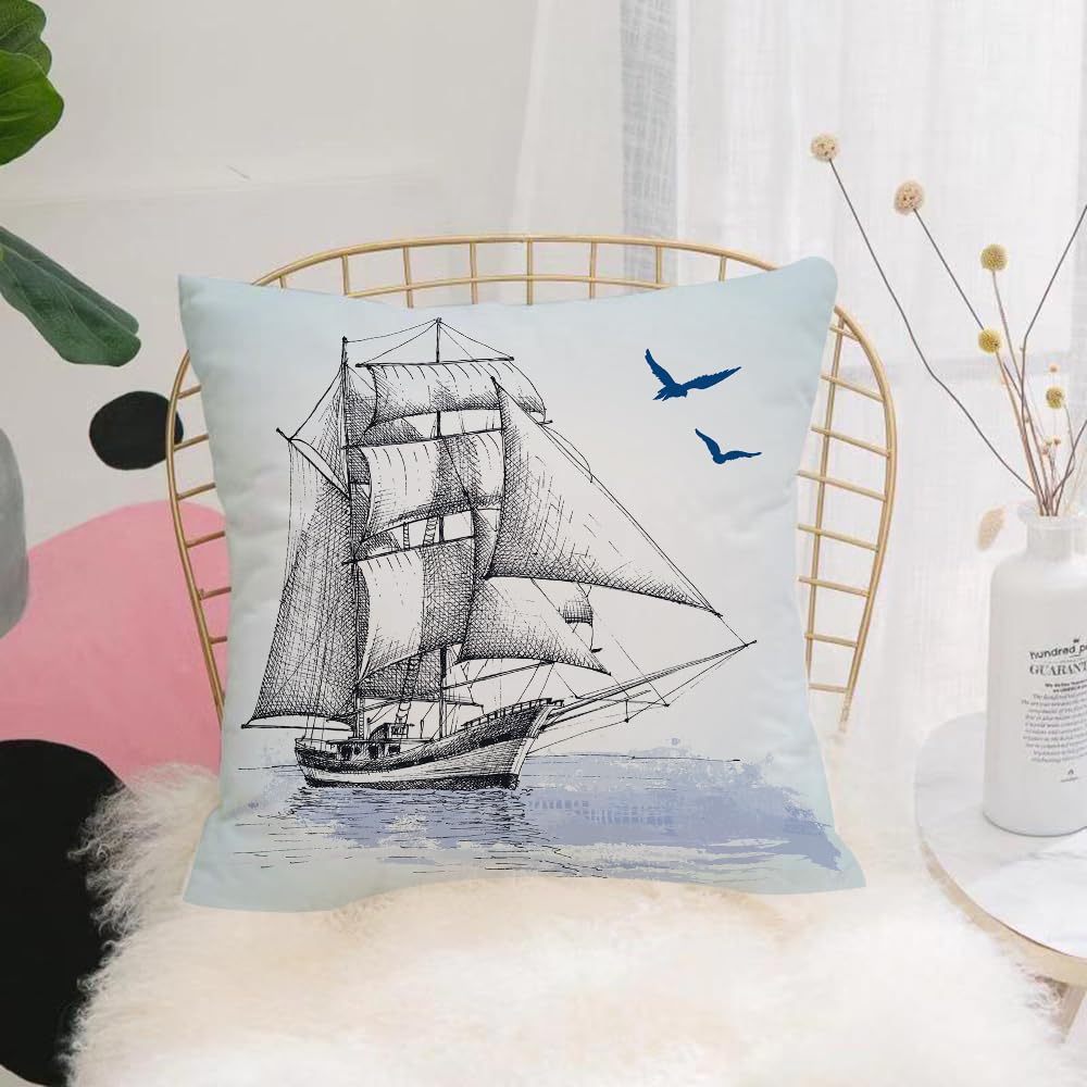 Hyosxw Retro Sketch Of A Sailboat Gliding On The Wa - A2 Cushion Cover,Throw Pillow Case Home Decorative For Living Room Bedroom Sofa Chair 18X18 Inch,Retro Sketch Of A Sailboat Gliding On The Water, Seagulls Flying,Pillowcase 45X45cm