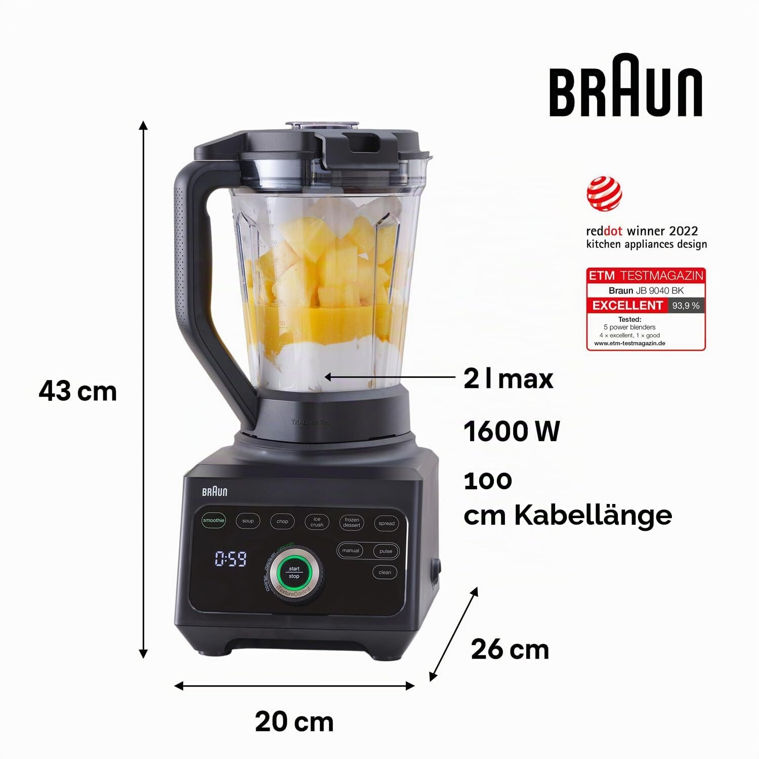 Braun PowerBlend 9 JB9040BK Hochleistungs-Standmixer mit 1600 Watt Motor, 2 l Tritan-Behälter, 18 Programme, 10 Geschwindigkeiten, Schwarz