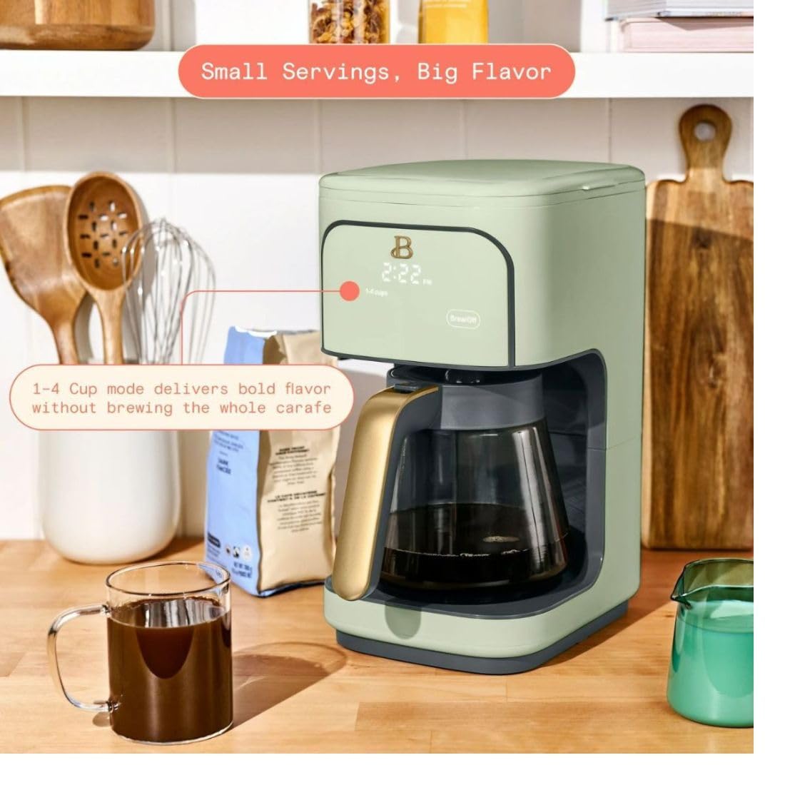 B - 12-Cup Programmable Coffee Maker with Touch Controls, Auto Brew Timer, Reusable Filter, Large Glass Carafe, Countertop Coffee Machine (Sage Green)