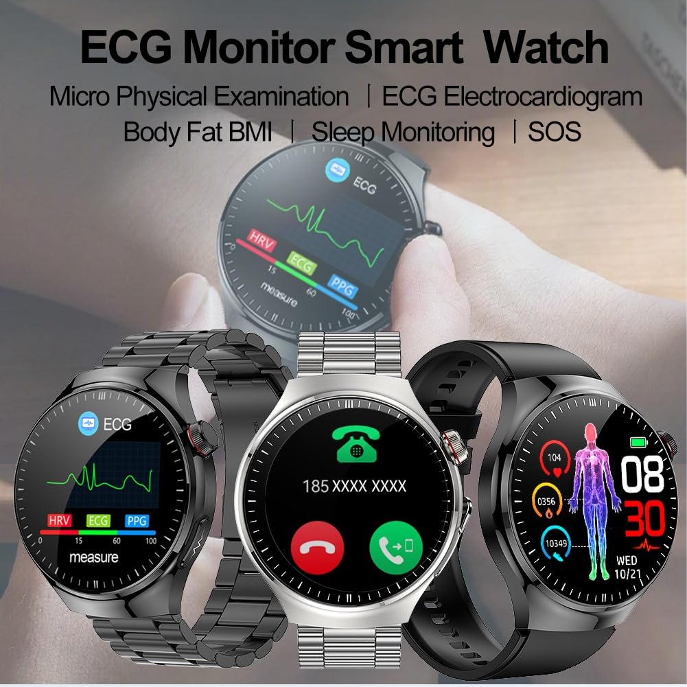 DigiKuber Smart Watch ECG, 1,47 inch waterdichte smartwatch met bloeddruk, SPO2, hartslag, lichaamstemperatuur, bericht en oproepherinnering voor Android iOS