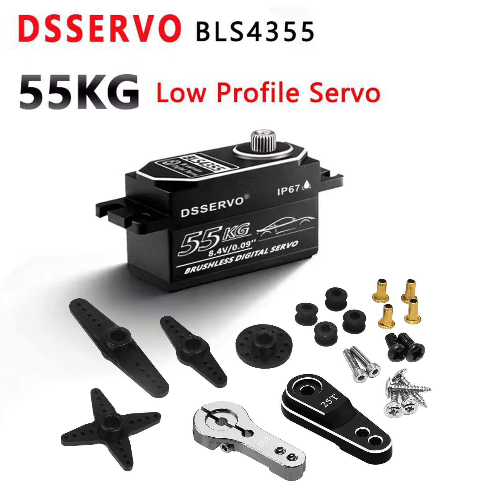 Servo brushless a basso profilo da 55 kg con 2 corno servo 25T tutto il metallo IP67 impermeabile Servo digitale ad alta coppia servo sterzo veloce per 1/8 1/10 1/12 1/14 RC auto, 180 °
