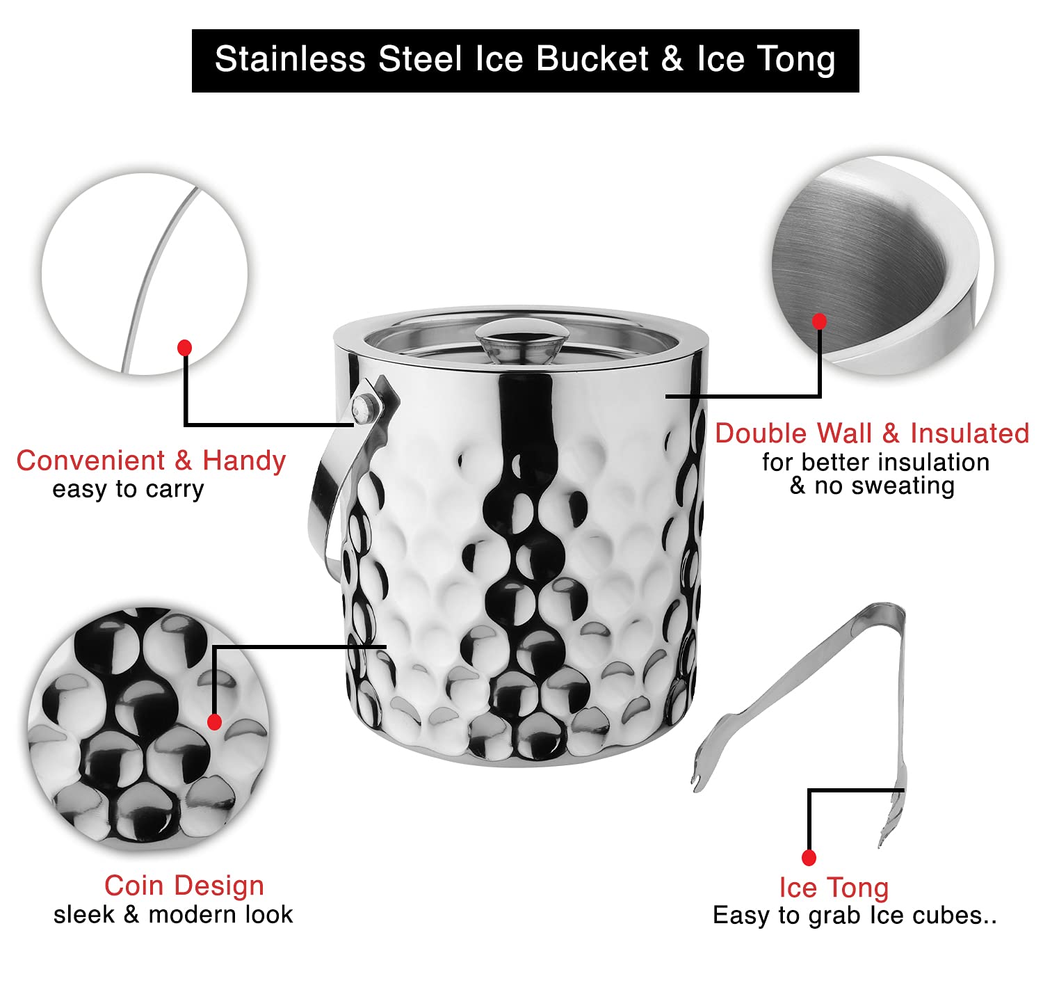 STEREN IMPEX | Stainless Steel Ice Bucket with Tong - 1500 ml | Ice Bucket for Bar & Home | Premium Ice Bucket | Bar Accessories for Home |Silver Finish | Coin Design, Medium, 1.5L 1