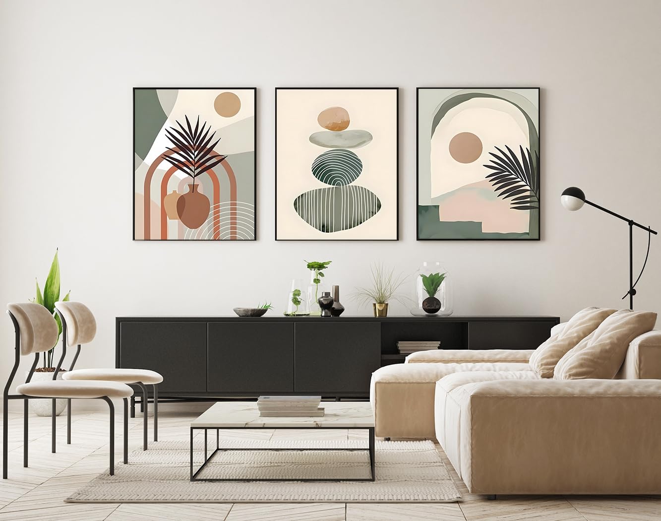 Lot de 3 tableaux décoratifs bohèmes modernes - Images de plantes - Paysage naturel - Plage - Art abstrait - Sans cadre (60 x 90 cm, 3 pièces, Poster-06)