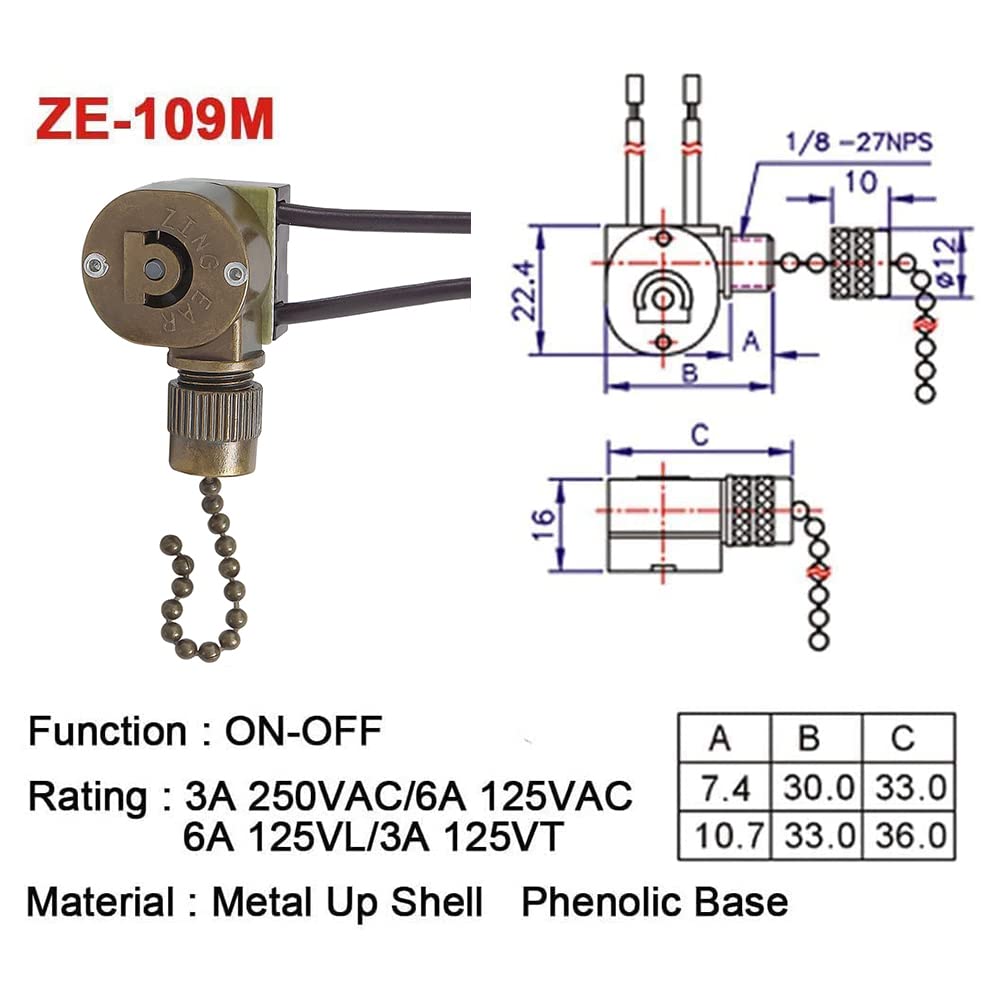 Zing Ear ZE-109M Ceiling Fan Pull Chain Light Switch – 2-Wire ON-OFF – Metal Housing – Bronze Finish – 6A 125VAC / 3A 250VAC – UL & CSA Approved